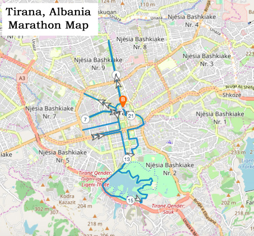 Tirana, Albania, Marthon - map of the course